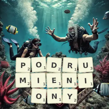 Kreatywna ilustracja do gry w Scrabble ze słowem PODRUMIENIONY ułożonym z płytek na planszy.