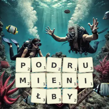 Kreatywna ilustracja do gry w Scrabble ze słowem PODRUMIENIŁBY ułożonym z płytek na planszy.