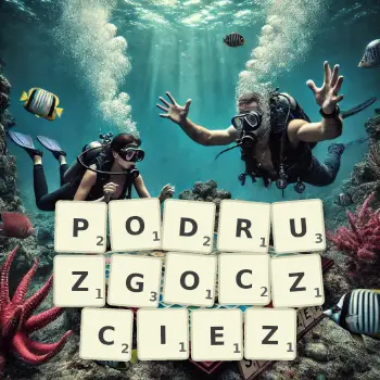 Kreatywna ilustracja do gry w Scrabble ze słowem PODRUZGOCZCIEZ ułożonym z płytek na planszy.