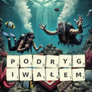 Kreatywna ilustracja do gry w Scrabble ze słowem PODRYGIWAŁEM ułożonym z płytek na planszy.