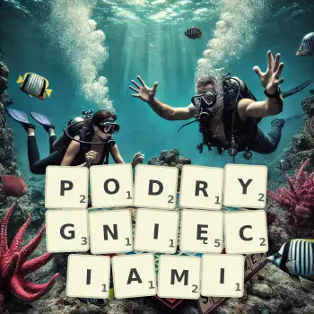 Kreatywna ilustracja do gry w Scrabble ze słowem PODRYGNIĘCIAMI ułożonym z płytek na planszy.