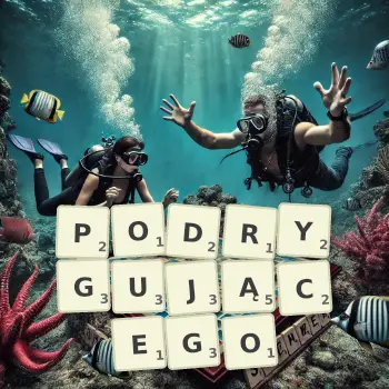 Kreatywna ilustracja do gry w Scrabble ze słowem PODRYGUJĄCEGO ułożonym z płytek na planszy.