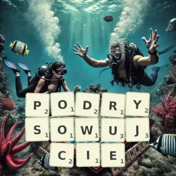 Kreatywna ilustracja do gry w Scrabble ze słowem PODRYSOWUJCIE ułożonym z płytek na planszy.