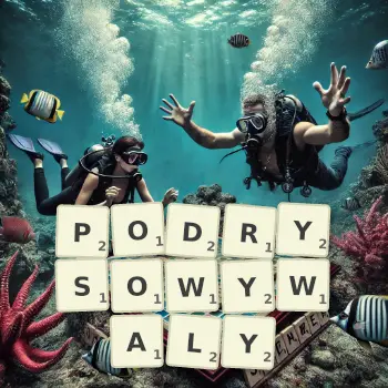 Kreatywna ilustracja do gry w Scrabble ze słowem PODRYSOWYWALY ułożonym z płytek na planszy.