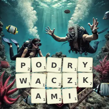 Kreatywna ilustracja do gry w Scrabble ze słowem PODRYWACZKAMI ułożonym z płytek na planszy.