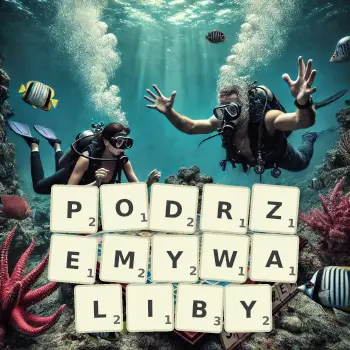 Kreatywna ilustracja do gry w Scrabble ze słowem PODRZEMYWALIBY ułożonym z płytek na planszy.