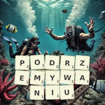 Kreatywna ilustracja do gry w Scrabble ze słowem PODRZEMYWANIU ułożonym z płytek na planszy.