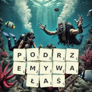 Kreatywna ilustracja do gry w Scrabble ze słowem PODRZEMYWAŁAŚ ułożonym z płytek na planszy.