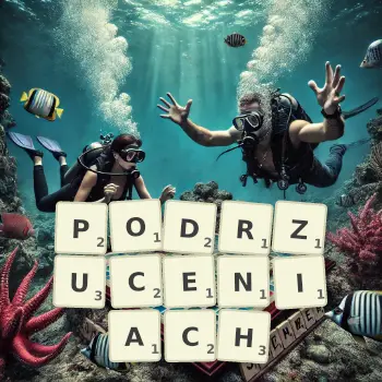 Kreatywna ilustracja do gry w Scrabble ze słowem PODRZUCENIACH ułożonym z płytek na planszy.