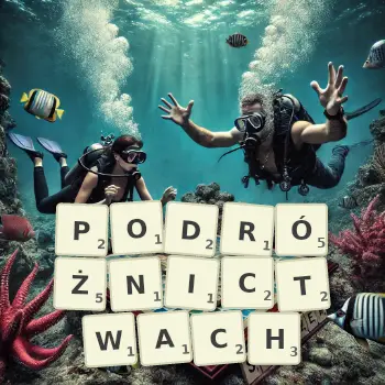 Kreatywna ilustracja do gry w Scrabble ze słowem PODRÓŻNICTWACH ułożonym z płytek na planszy.
