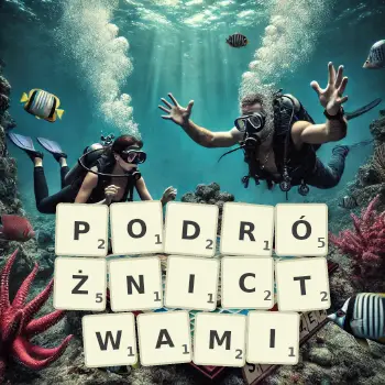 Kreatywna ilustracja do gry w Scrabble ze słowem PODRÓŻNICTWAMI ułożonym z płytek na planszy.