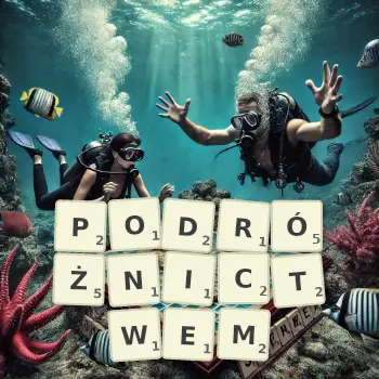 Kreatywna ilustracja do gry w Scrabble ze słowem PODRÓŻNICTWEM ułożonym z płytek na planszy.