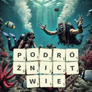 Kreatywna ilustracja do gry w Scrabble ze słowem PODRÓŻNICTWIE ułożonym z płytek na planszy.