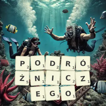 Kreatywna ilustracja do gry w Scrabble ze słowem PODRÓŻNICZEGO ułożonym z płytek na planszy.