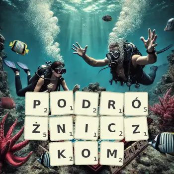 Kreatywna ilustracja do gry w Scrabble ze słowem PODRÓŻNICZKOM ułożonym z płytek na planszy.