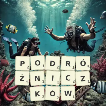 Kreatywna ilustracja do gry w Scrabble ze słowem PODRÓŻNICZKÓW ułożonym z płytek na planszy.