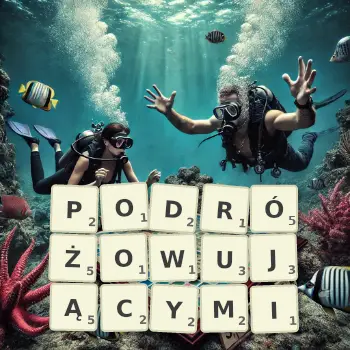 Kreatywna ilustracja do gry w Scrabble ze słowem PODRÓŻOWUJĄCYMI ułożonym z płytek na planszy.