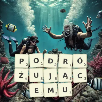 Kreatywna ilustracja do gry w Scrabble ze słowem PODRÓŻUJĄCEMU ułożonym z płytek na planszy.