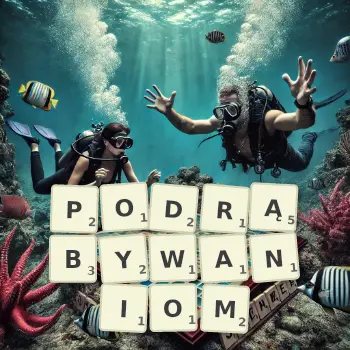 Kreatywna ilustracja do gry w Scrabble ze słowem PODRĄBYWANIOM ułożonym z płytek na planszy.