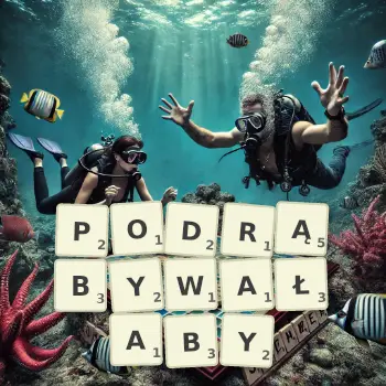 Kreatywna ilustracja do gry w Scrabble ze słowem PODRĄBYWAŁABY ułożonym z płytek na planszy.