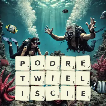 Kreatywna ilustracja do gry w Scrabble ze słowem PODRĘTWIELIŚCIE ułożonym z płytek na planszy.