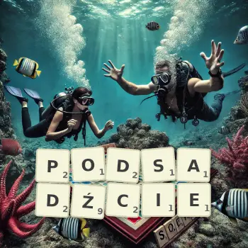 Kreatywna ilustracja do gry w Scrabble ze słowem PODSADŹCIE ułożonym z płytek na planszy.