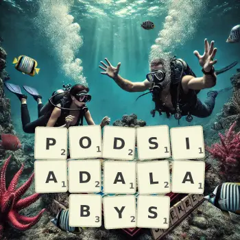 Kreatywna ilustracja do gry w Scrabble ze słowem PODSIADALABYS ułożonym z płytek na planszy.