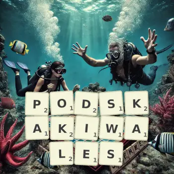 Kreatywna ilustracja do gry w Scrabble ze słowem PODSKAKIWALES ułożonym z płytek na planszy.