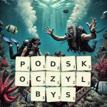 Kreatywna ilustracja do gry w Scrabble ze słowem PODSKOCZYLBYS ułożonym z płytek na planszy.