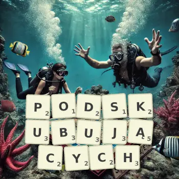 Kreatywna ilustracja do gry w Scrabble ze słowem PODSKUBUJĄCYCH ułożonym z płytek na planszy.