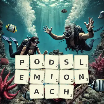 Kreatywna ilustracja do gry w Scrabble ze słowem PODSLEMIONACH ułożonym z płytek na planszy.
