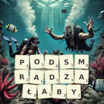 Kreatywna ilustracja do gry w Scrabble ze słowem PODSMRADZAŁABY ułożonym z płytek na planszy.