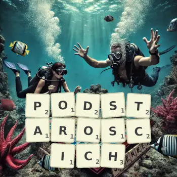 Kreatywna ilustracja do gry w Scrabble ze słowem PODSTAROSCICH ułożonym z płytek na planszy.