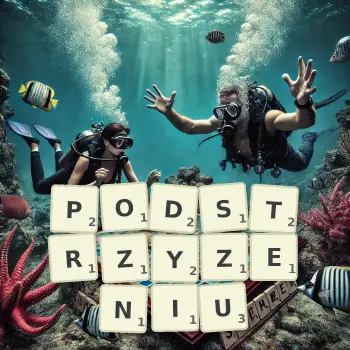 Kreatywna ilustracja do gry w Scrabble ze słowem PODSTRZYZENIU ułożonym z płytek na planszy.