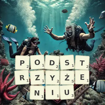 Kreatywna ilustracja do gry w Scrabble ze słowem PODSTRZYŻENIU ułożonym z płytek na planszy.