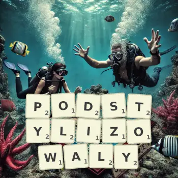 Kreatywna ilustracja do gry w Scrabble ze słowem PODSTYLIZOWALY ułożonym z płytek na planszy.