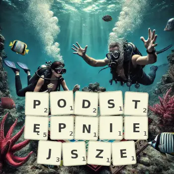 Kreatywna ilustracja do gry w Scrabble ze słowem PODSTĘPNIEJSZE ułożonym z płytek na planszy.