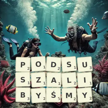 Kreatywna ilustracja do gry w Scrabble ze słowem PODSUSZALIBYŚMY ułożonym z płytek na planszy.