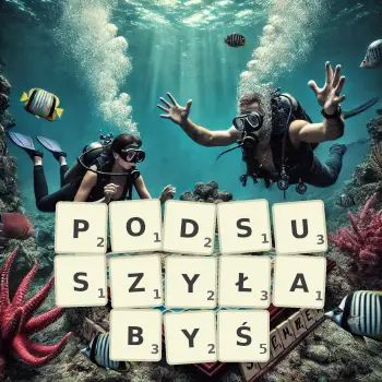 Kreatywna ilustracja do gry w Scrabble ze słowem PODSUSZYŁABYŚ ułożonym z płytek na planszy.