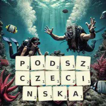 Kreatywna ilustracja do gry w Scrabble ze słowem PODSZCZECINSKA ułożonym z płytek na planszy.