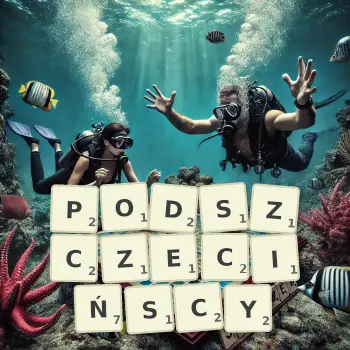 Kreatywna ilustracja do gry w Scrabble ze słowem PODSZCZECIŃSCY ułożonym z płytek na planszy.