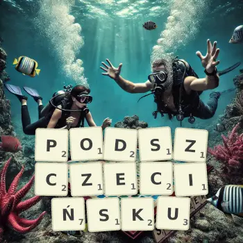 Kreatywna ilustracja do gry w Scrabble ze słowem PODSZCZECIŃSKU ułożonym z płytek na planszy.