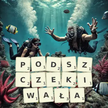 Kreatywna ilustracja do gry w Scrabble ze słowem PODSZCZEKIWAŁA ułożonym z płytek na planszy.