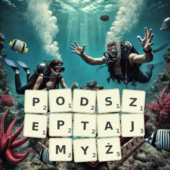 Kreatywna ilustracja do gry w Scrabble ze słowem PODSZEPTAJMYŻ ułożonym z płytek na planszy.