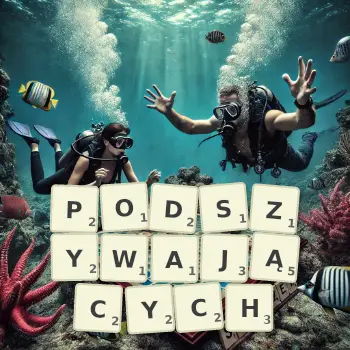 Kreatywna ilustracja do gry w Scrabble ze słowem PODSZYWAJĄCYCH ułożonym z płytek na planszy.
