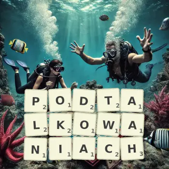 Kreatywna ilustracja do gry w Scrabble ze słowem PODTALKOWANIACH ułożonym z płytek na planszy.