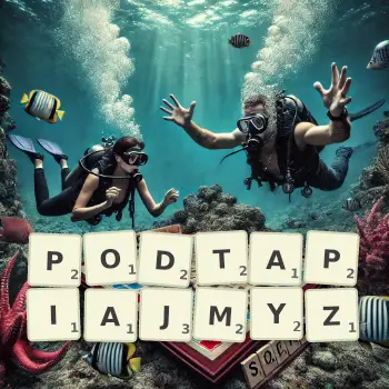 Kreatywna ilustracja do gry w Scrabble ze słowem PODTAPIAJMYZ ułożonym z płytek na planszy.