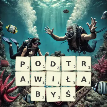 Kreatywna ilustracja do gry w Scrabble ze słowem PODTRAWIŁABYŚ ułożonym z płytek na planszy.