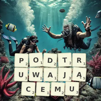 Kreatywna ilustracja do gry w Scrabble ze słowem PODTRUWAJĄCEMU ułożonym z płytek na planszy.