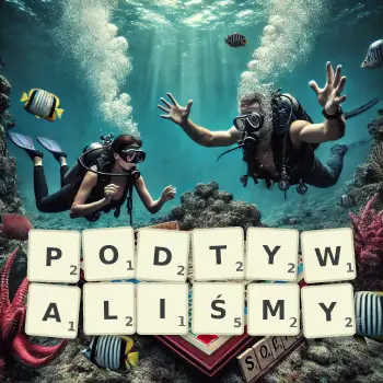 Kreatywna ilustracja do gry w Scrabble ze słowem PODTYWALIŚMY ułożonym z płytek na planszy.